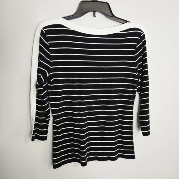 Chaps Womens' 3/4 Sleeve Black White Stripe Knit Top Laced Accent Sleeve Size M - Picture 2 of 7